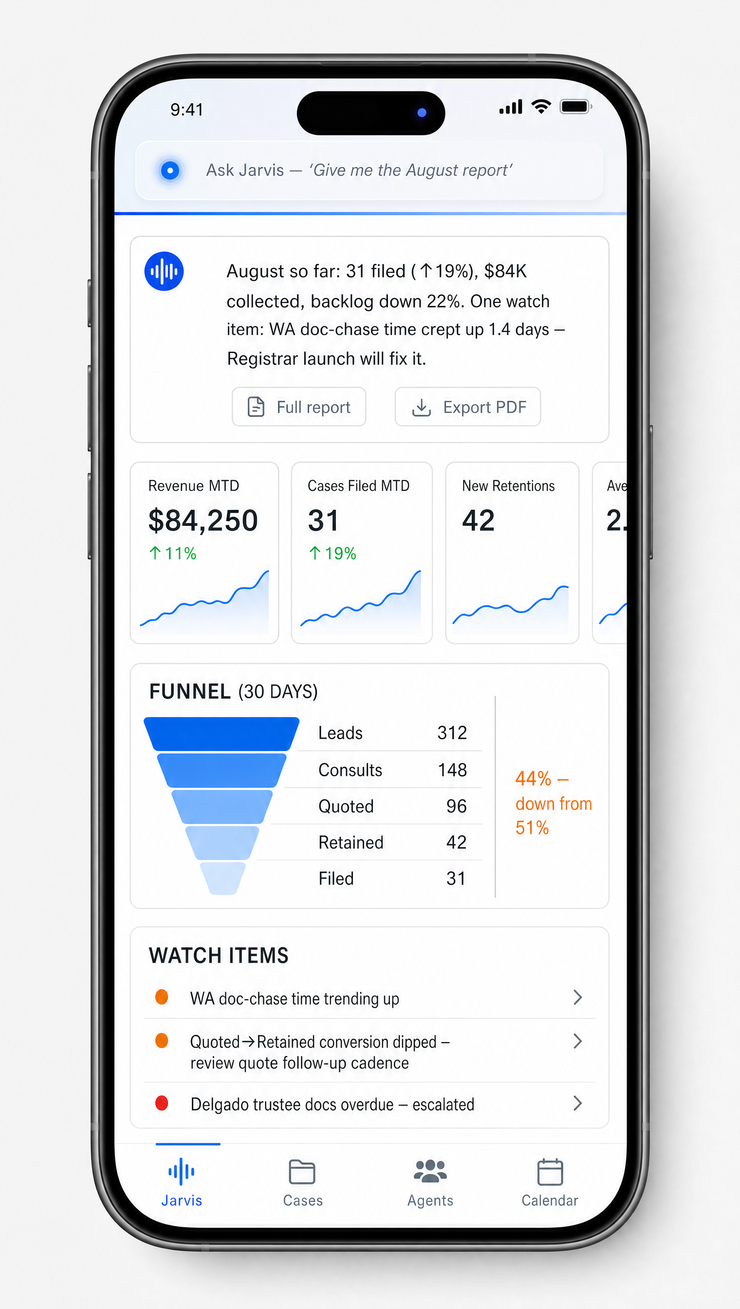Mobile Jarvis report with month-to-date revenue, filings, funnel, and watch items