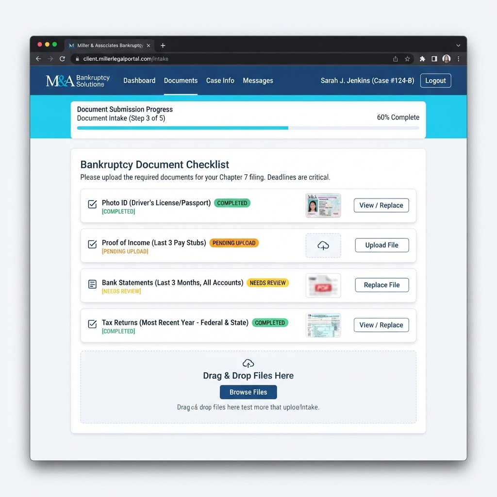 Document intake screen listing photo ID, proof of income, bank statements, and tax returns with upload status