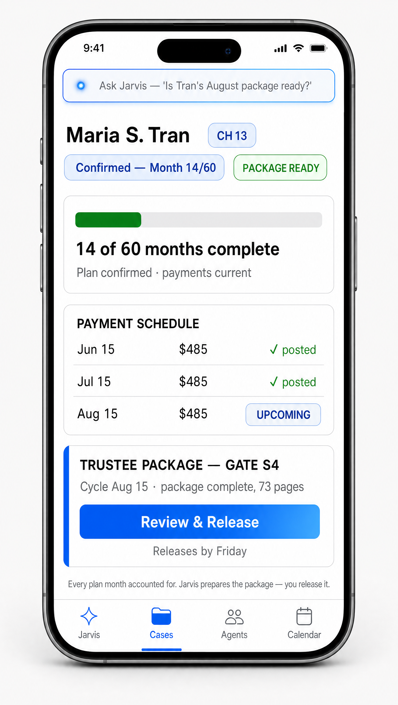Chapter 13 case with plan progress, payment schedule, and a trustee package ready to release