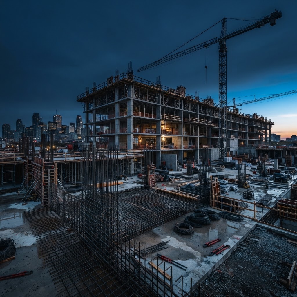 Commercial construction site at dawn with steel reinforcement