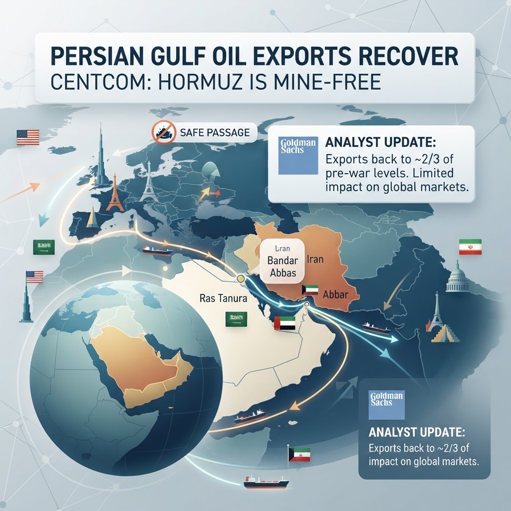 Persian Gulf Oil Exports Recover, Centcom Says Hormuz Is Mine Free