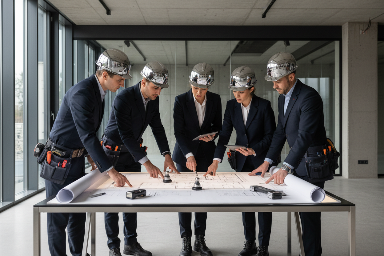 Professional renovation team reviewing blueprints
