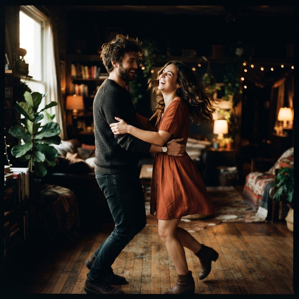 A man and woman laughing mid-movement together in a warm living room