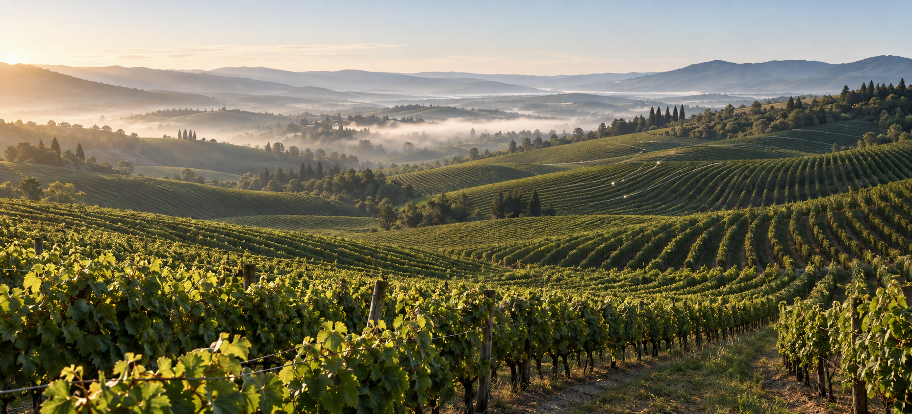 Vineyard rows stretching toward the horizon at sunrise