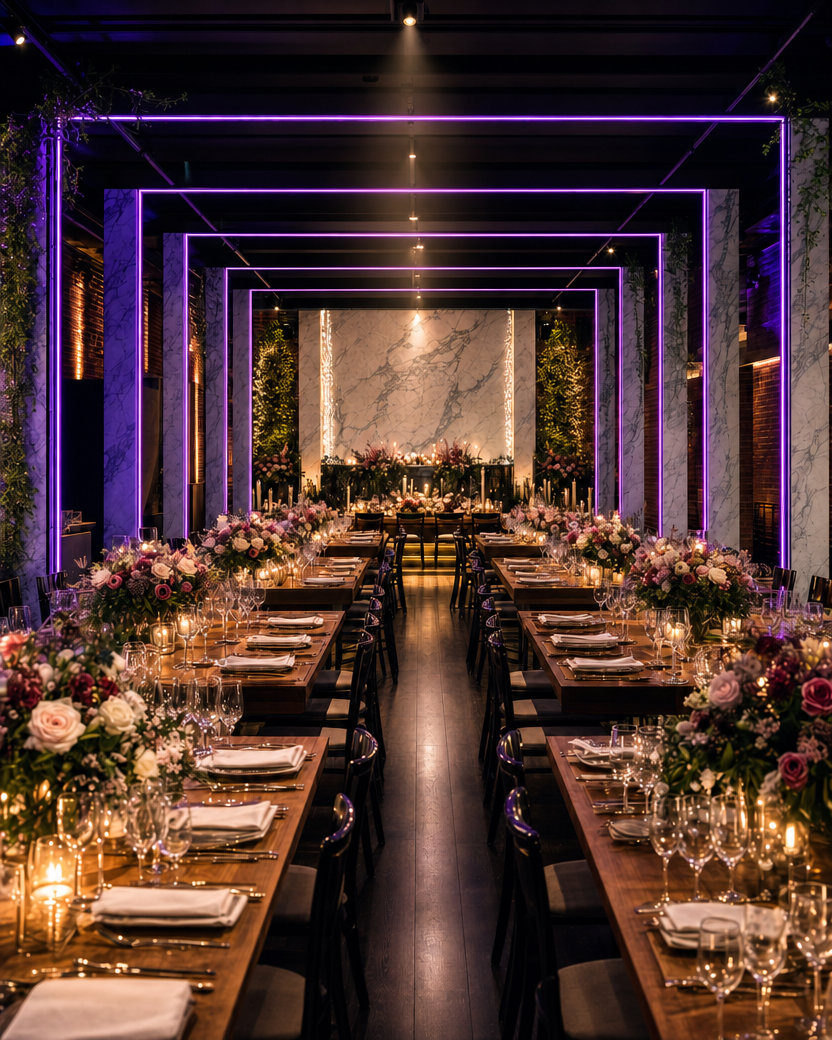 Gold-rimmed glassware on black marble table