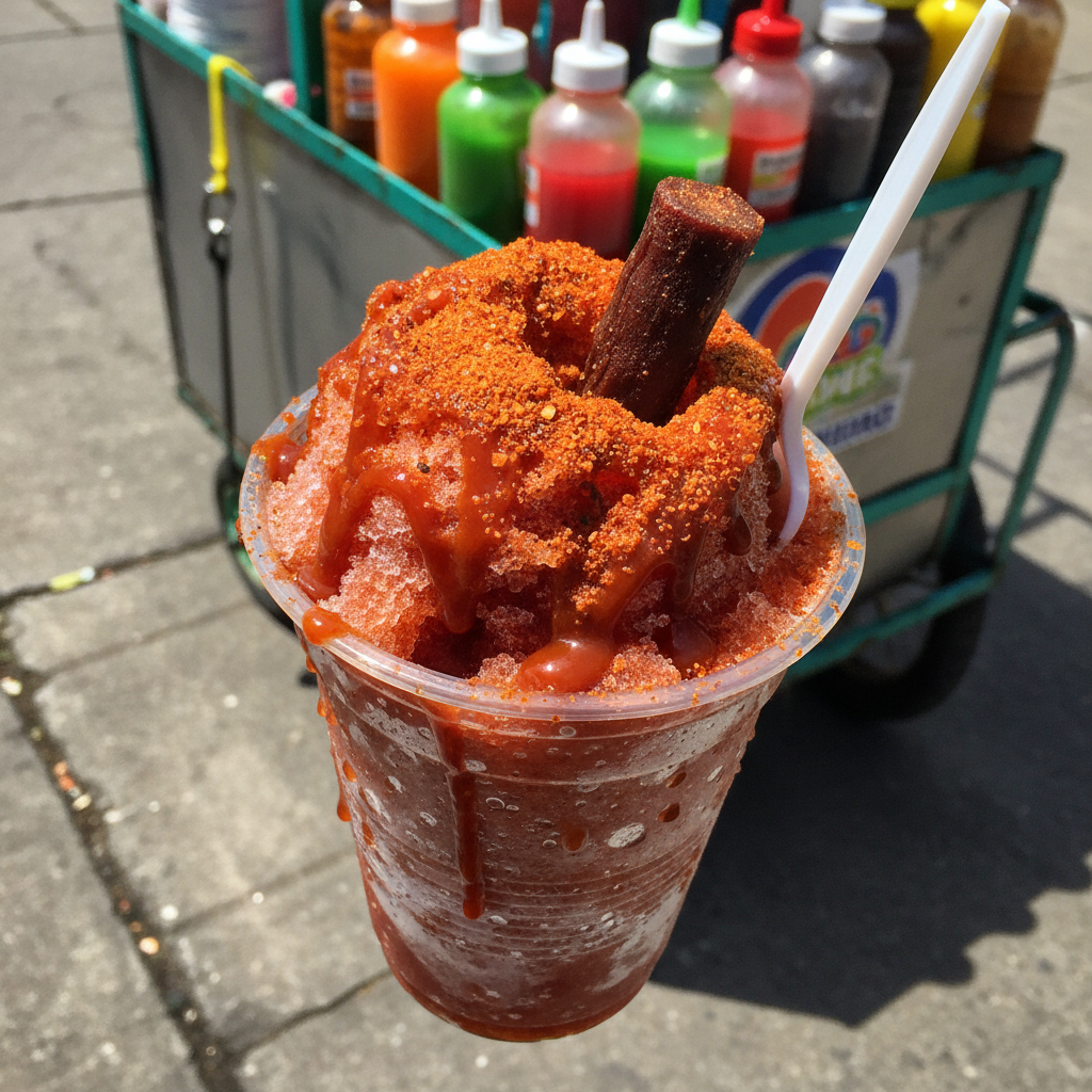 Authentic street slushy in plastic cup with chamoy and Tajín, by La Palmita