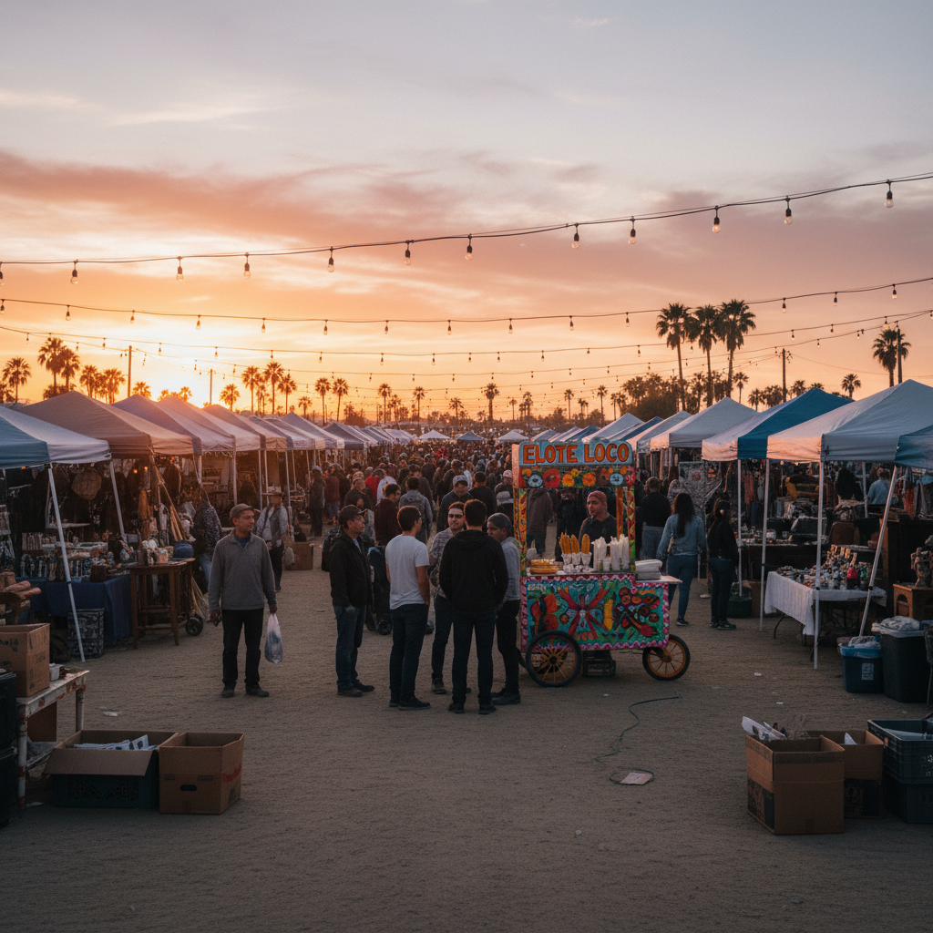 Maclin's Open Air Market in Indio with La Palmita elote cart, Riverside County Fairgrounds