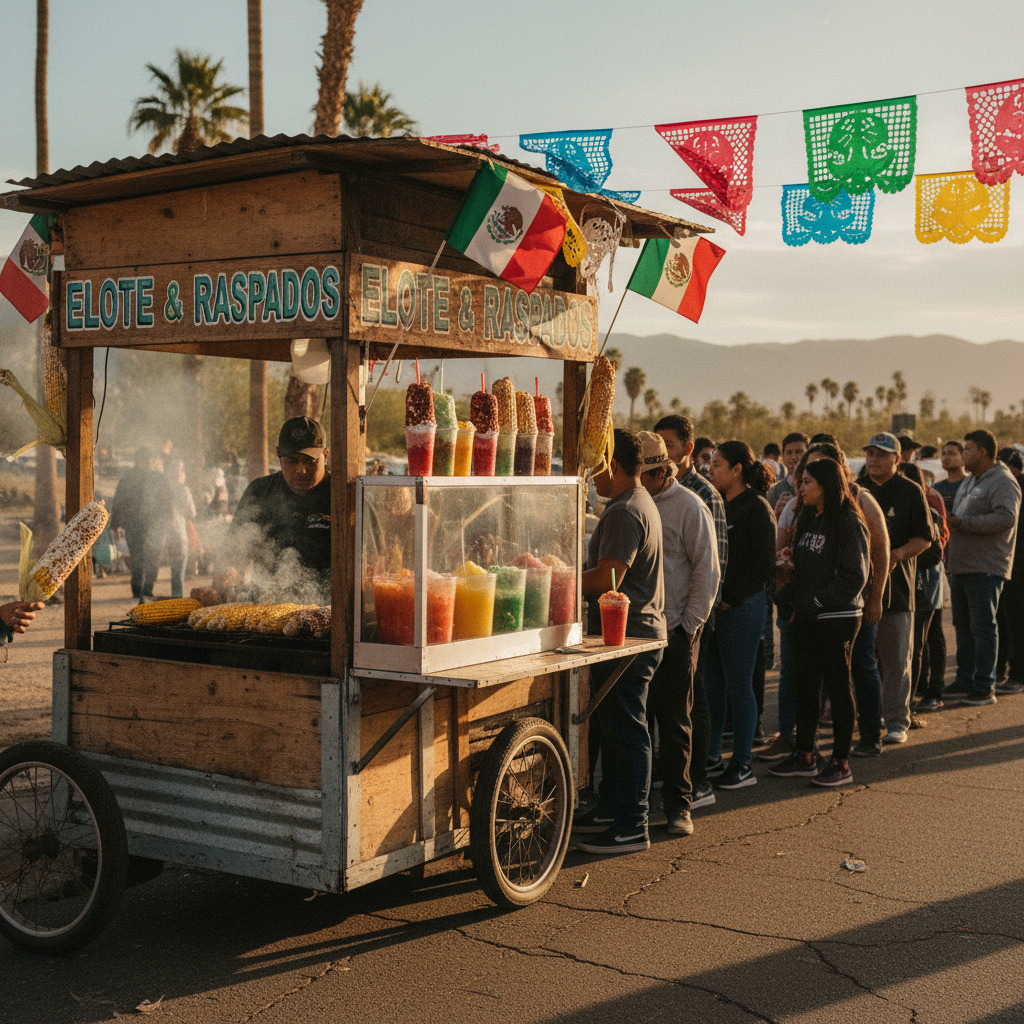 Authentic Mexican street elote and slushy cart with a line of customers at golden hour, La Palmita catering in Coachella Valley