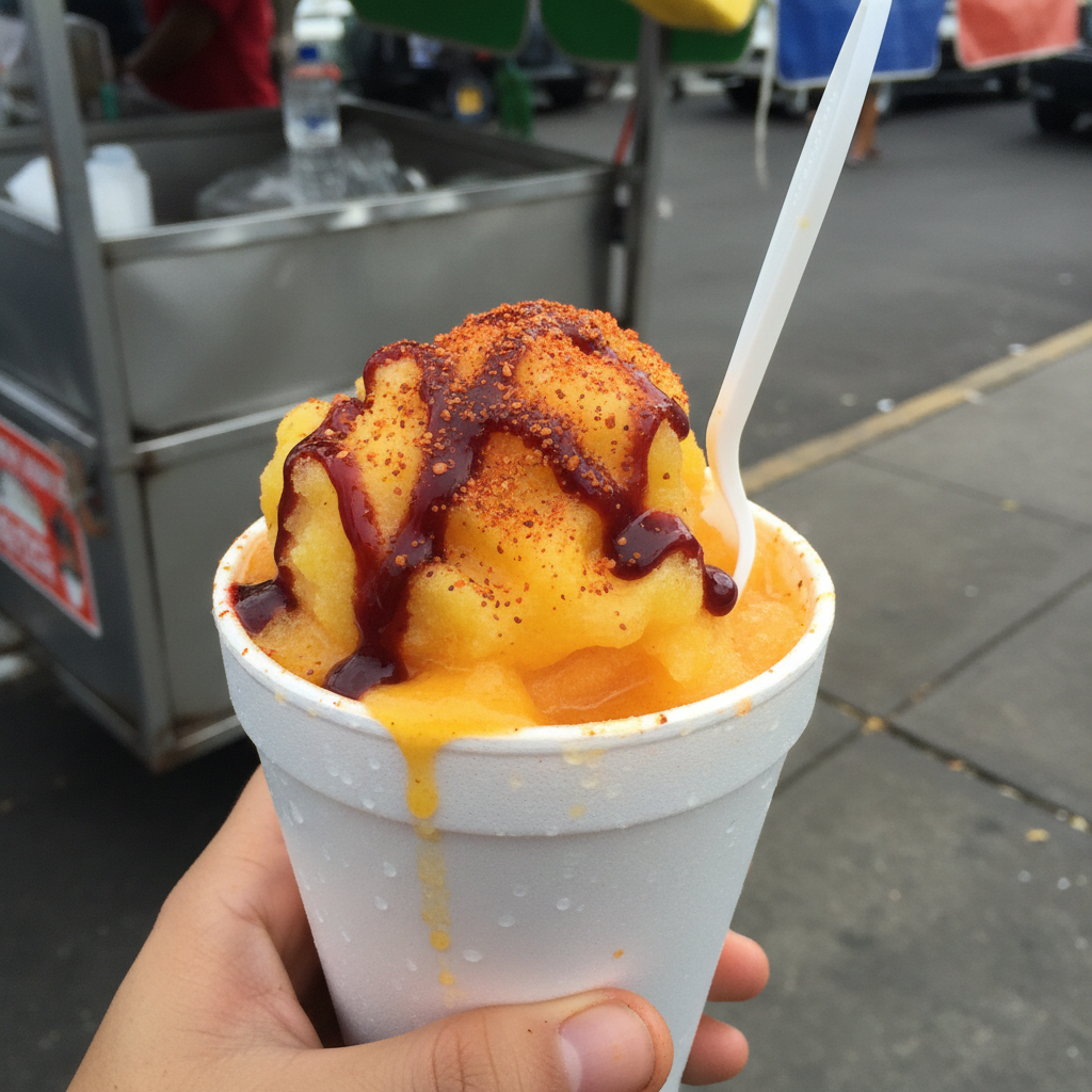 Authentic Mexican street slushy in a foam cup with chamoy and Tajín, catered by La Palmita