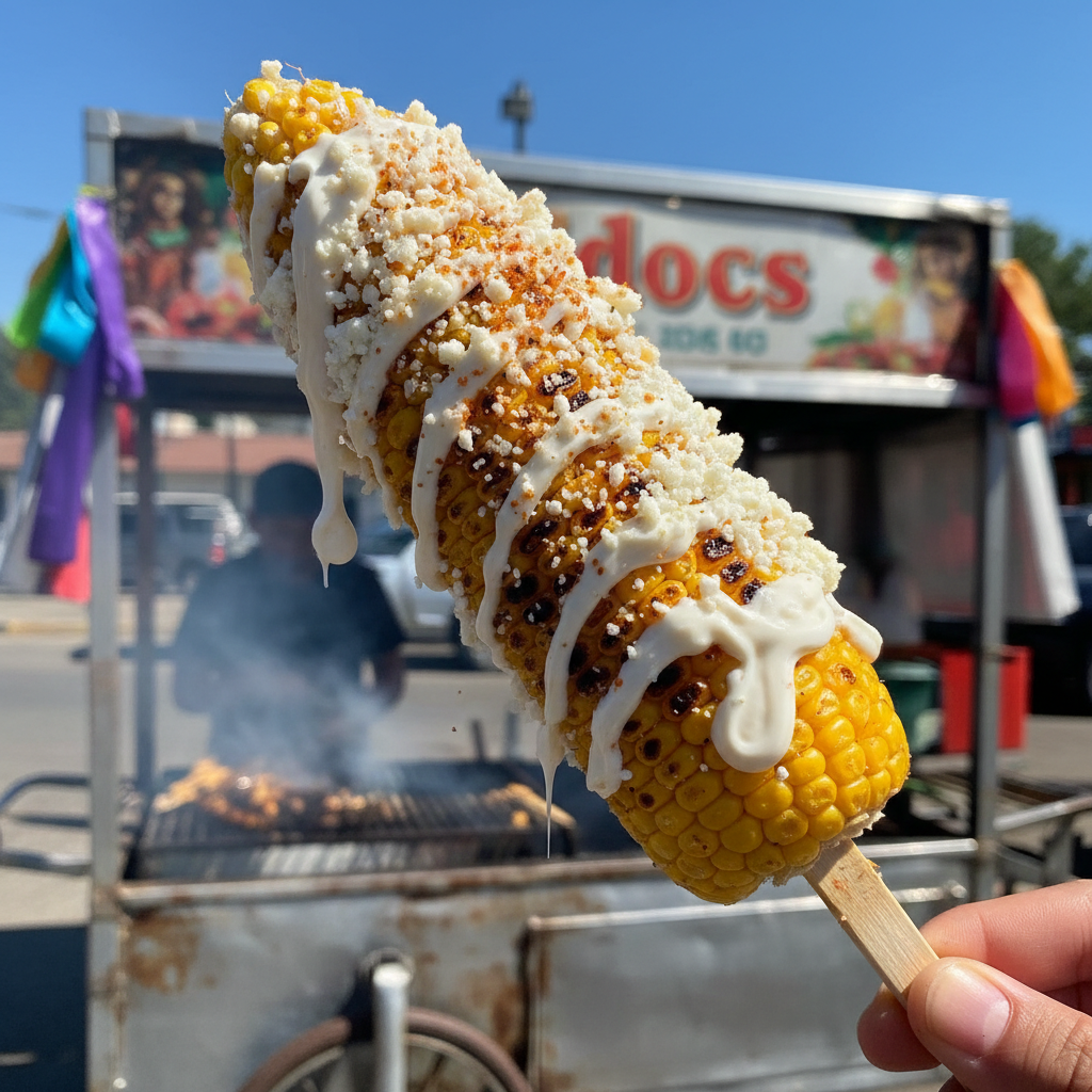 Authentic Mexican street corn elote on a stick with crema, cotija, and chili, by La Palmita