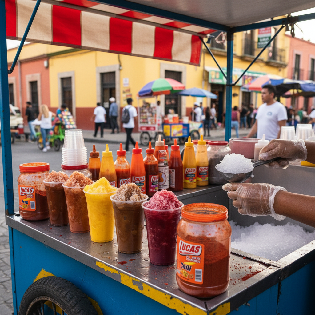 Authentic Mexican street slushy cart with colorful cups lined up, by La Palmita catering
