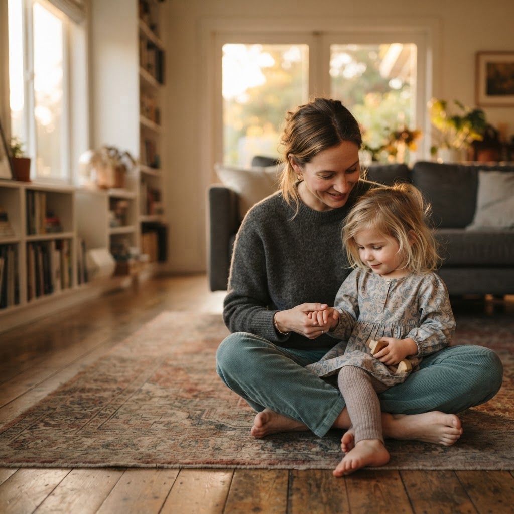 Parent holding the hand of their child in warm, calm light