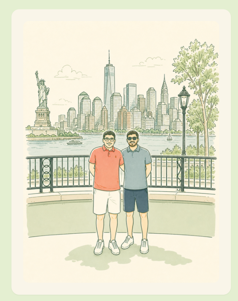 The two founders of Two Carolinas RV Park in front of the New York City skyline