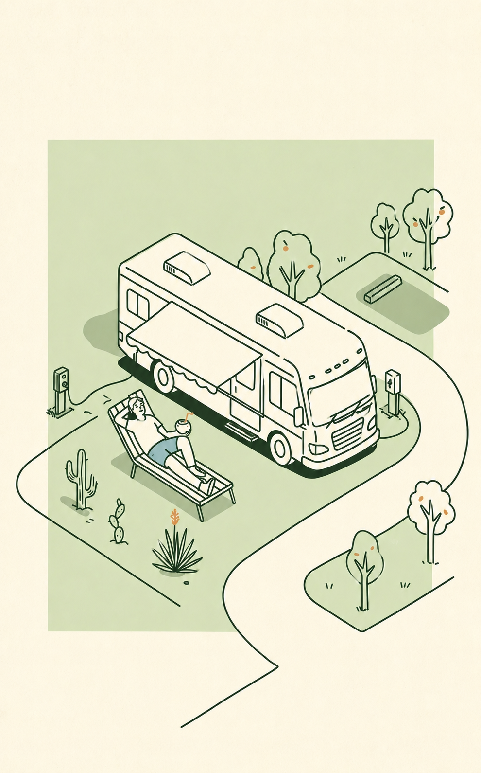 Isometric illustration of an RV parked at Two Carolinas RV Park