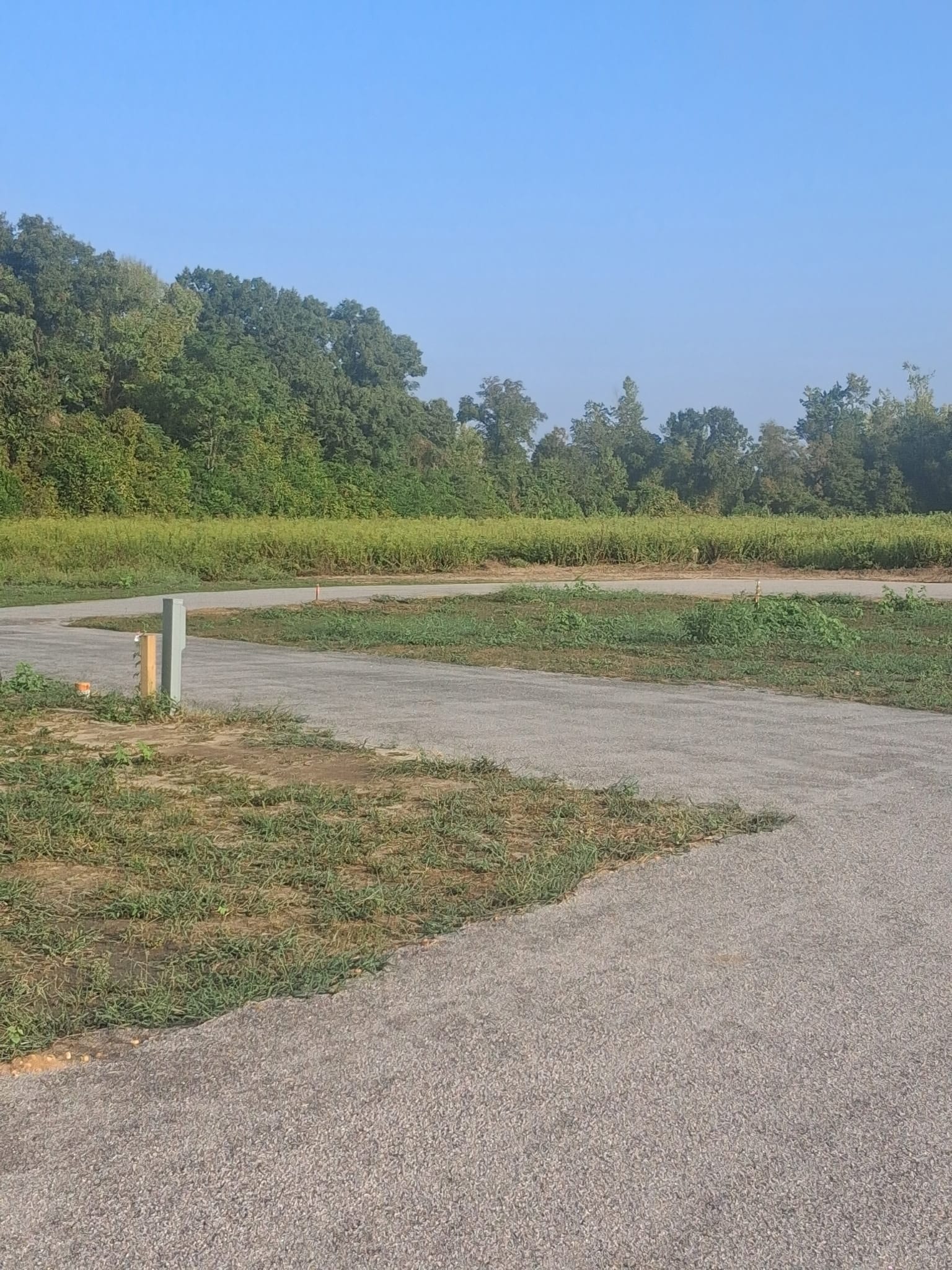 Utility pedestal beside the paved access road with the back field and treeline beyond