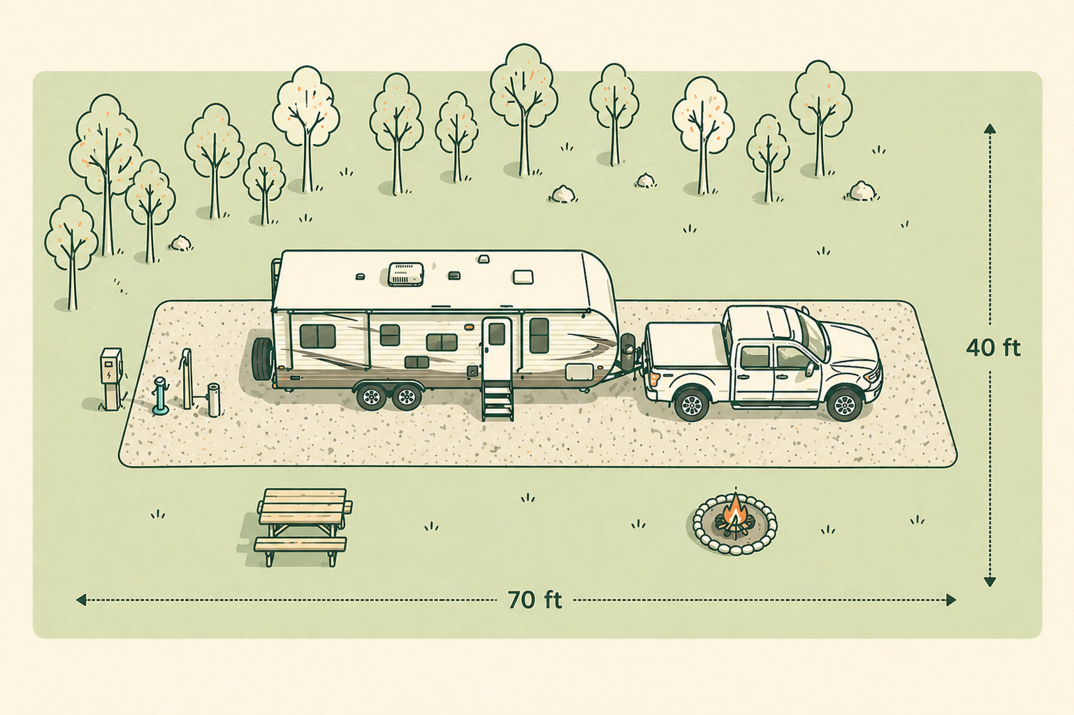 Illustration of a spacious 70 ft × 40 ft RV pull-through site at Two Carolinas RV Park