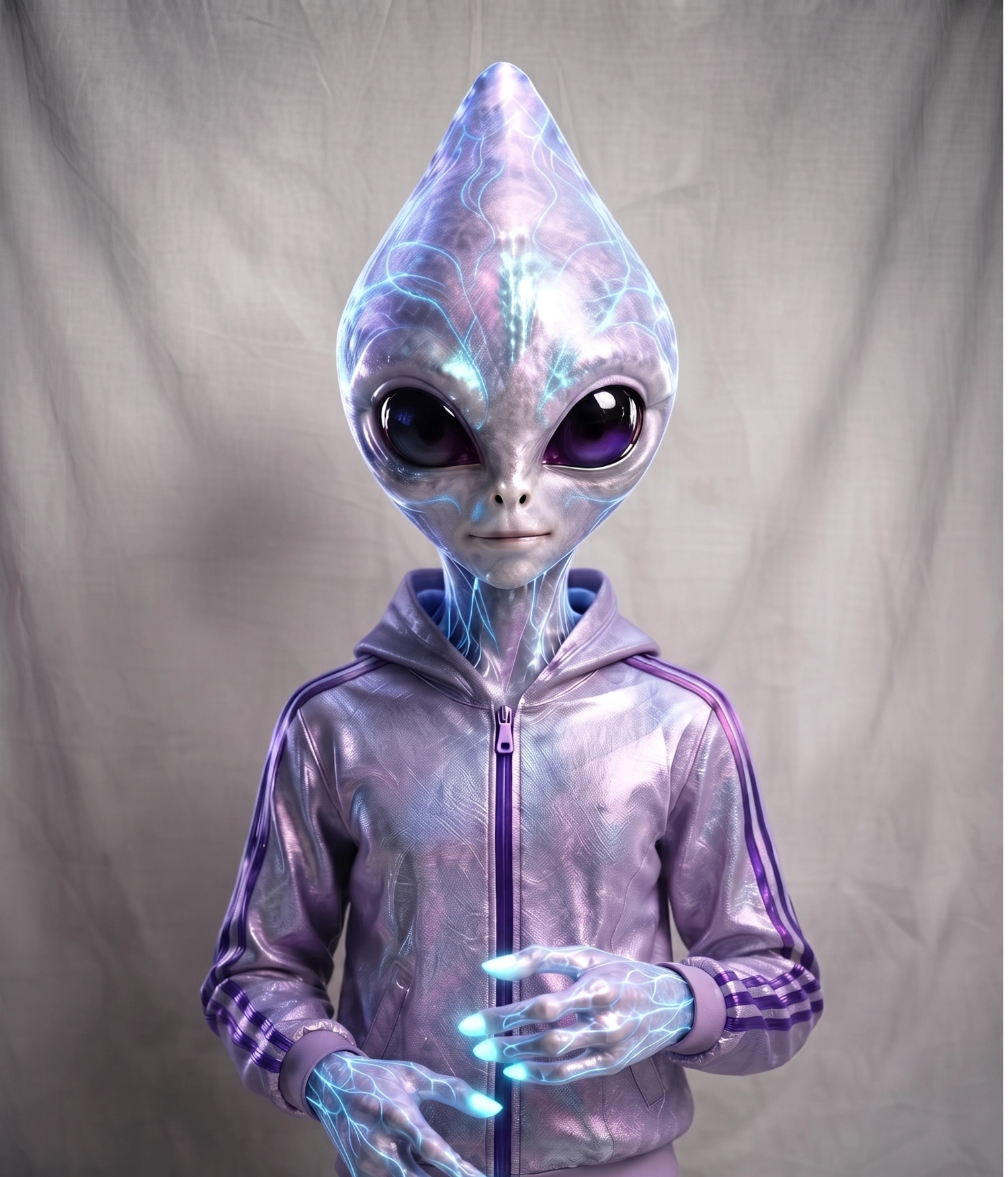 Headshot of Zin, a young Sylvani alien with iridescent silvery-purple skin, large dark reflective eyes, a teardrop-shaped head, and a lavender tracksuit against a gray studio backdrop.