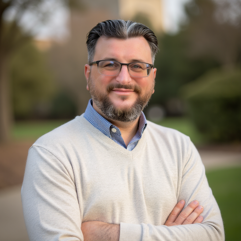 Professional waist-up portrait of a man with dark hair, glasses, and a trimmed beard, wearing a light sweater over a blue collared shirt against a softly blurred outdoor background.