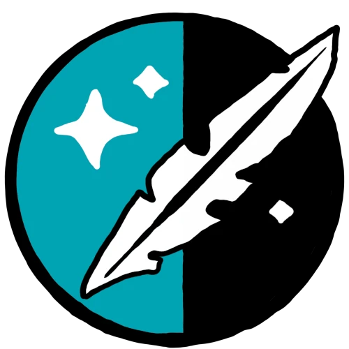 Brand logo with a white feather pen crossing a teal-and-black circle with white star shapes.