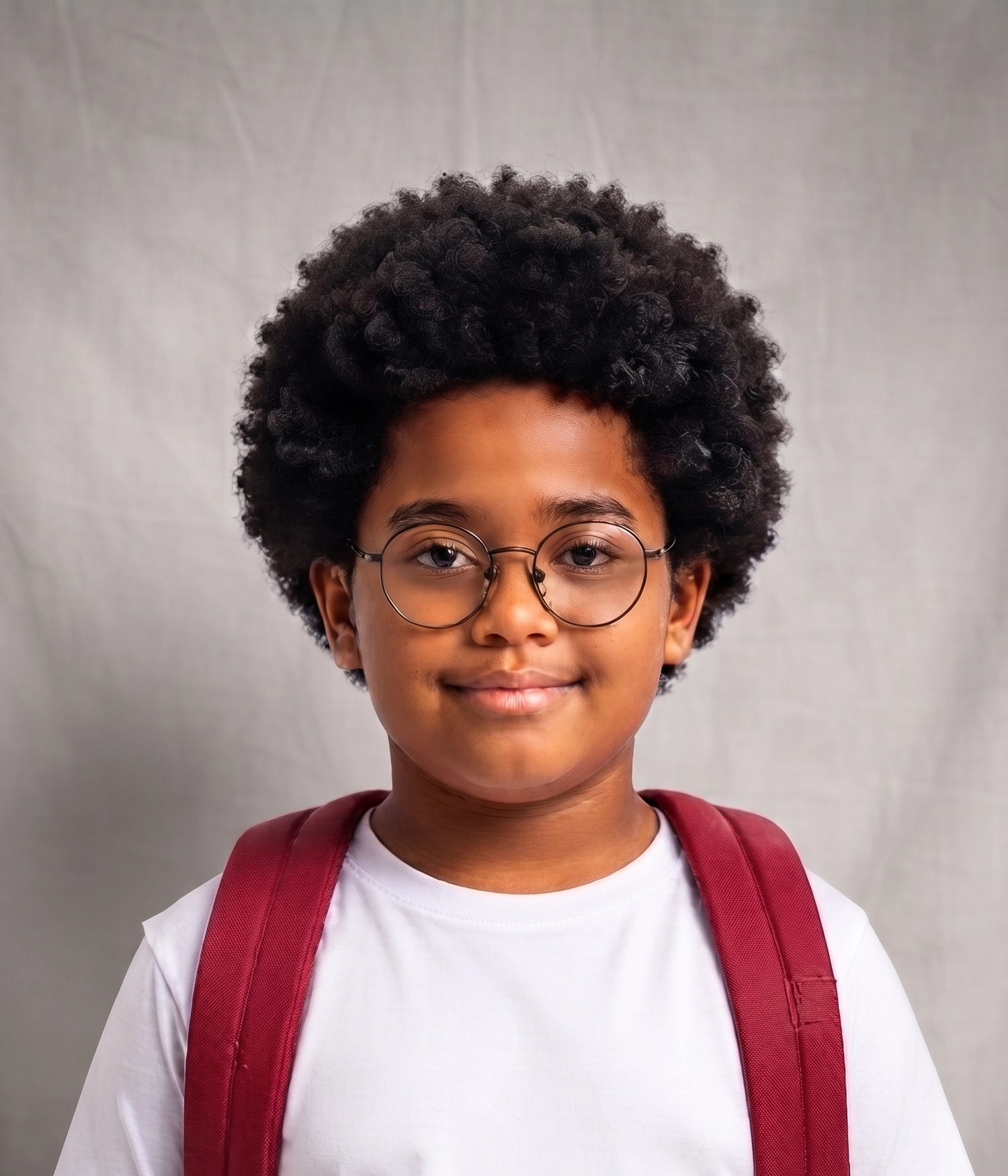 Head-and-shoulders portrait of Jayden, an eleven-year-old Black boy with a rounded afro, round glasses, a white T-shirt, and red backpack straps.