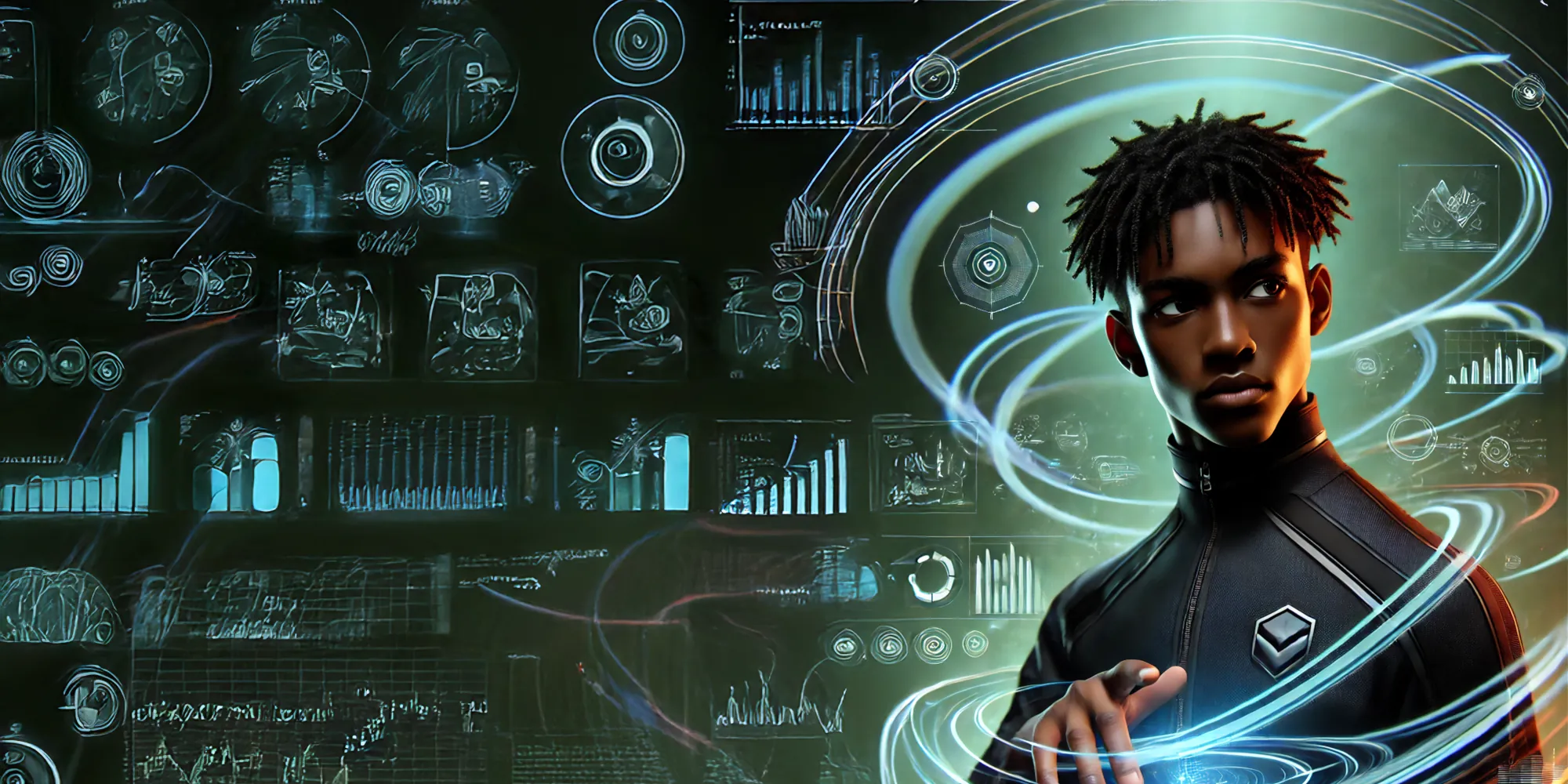 Futuristic portrait and interface imagery from The Logistical World