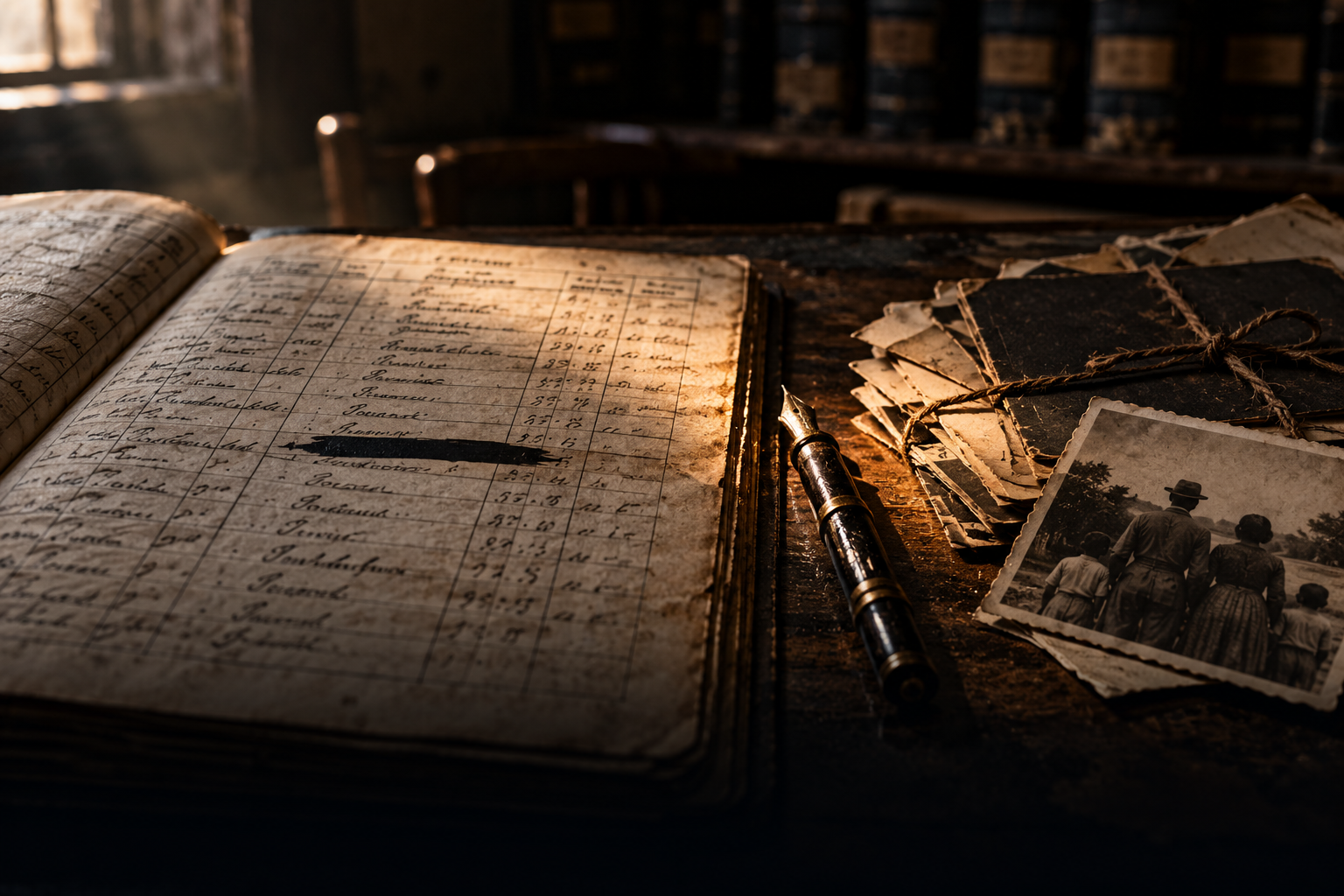 An antique ledger with one name inked out, a fountain pen and old photographs