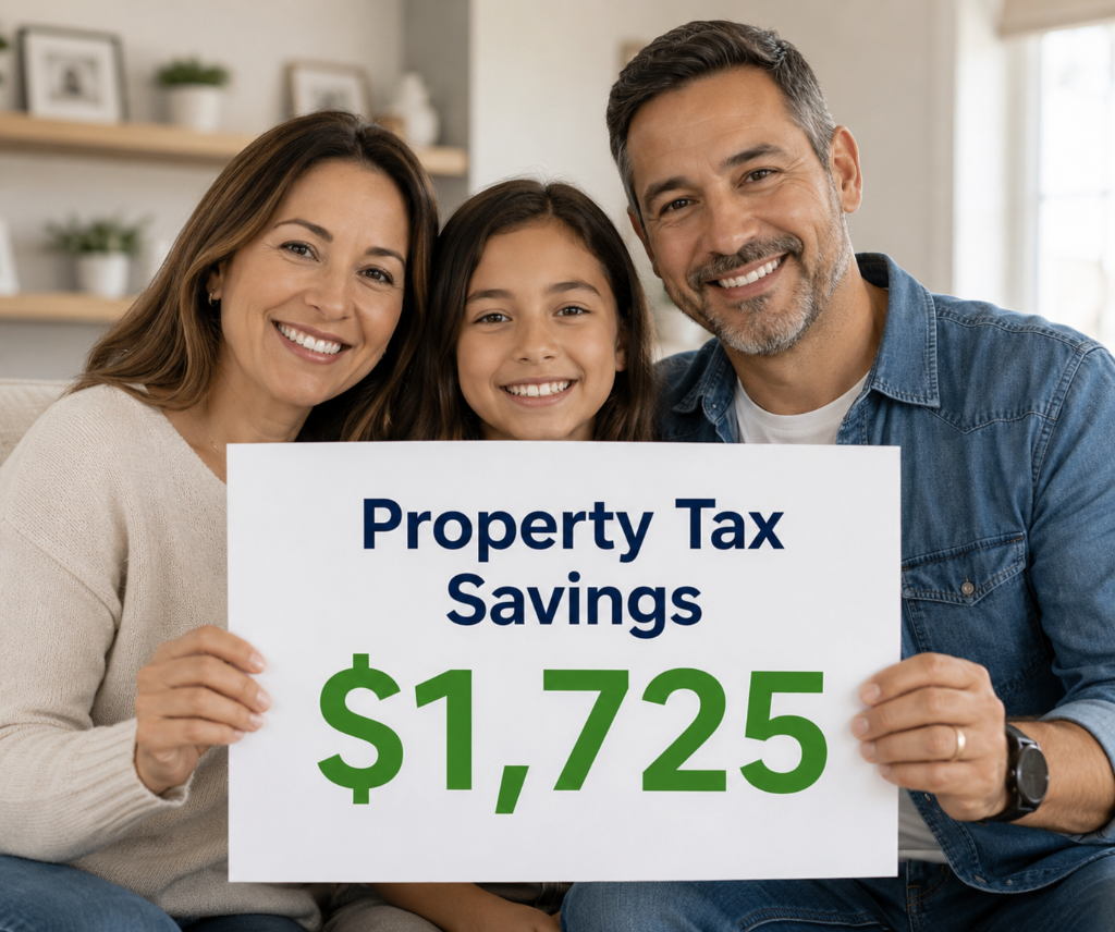 A family holding a sign showing property tax savings of $1,725