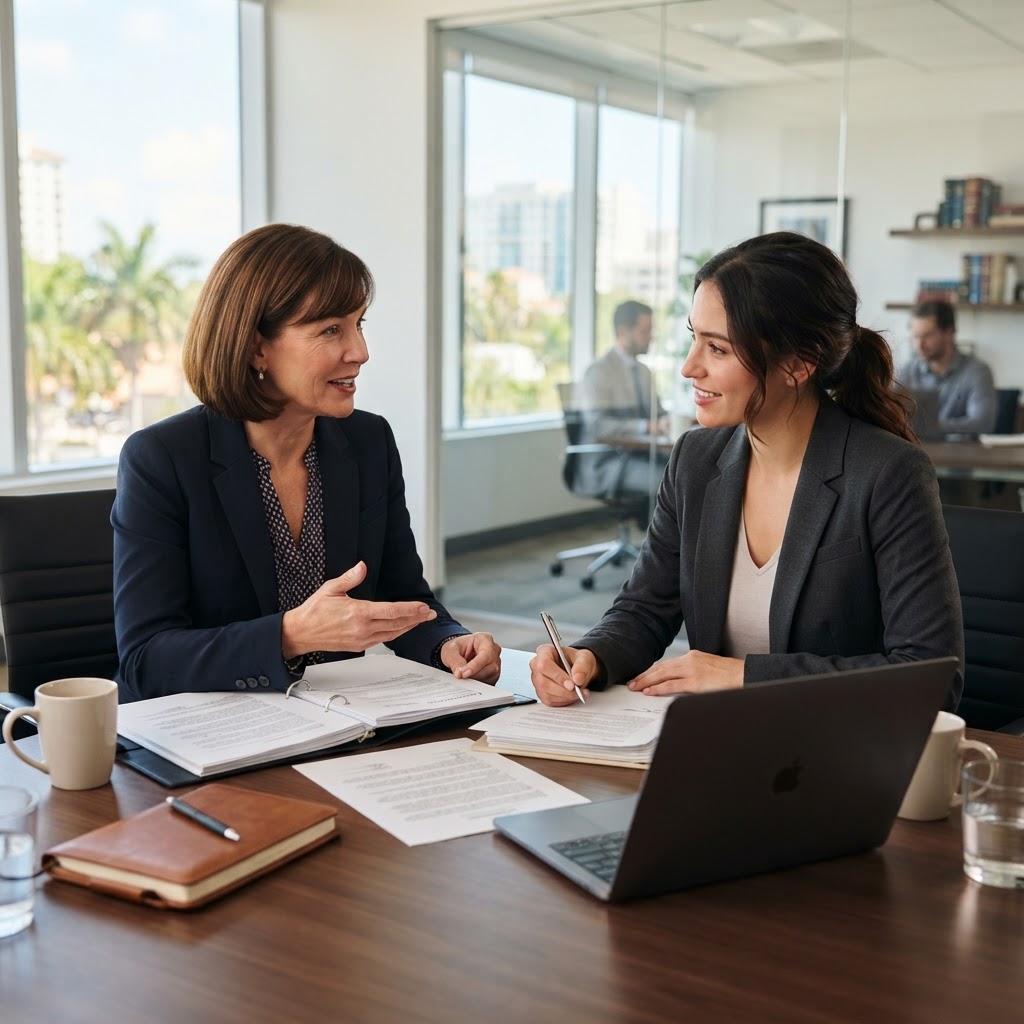 A professional woman attorney coaching a real estate agent one-on-one at a conference table in a bright Florida office