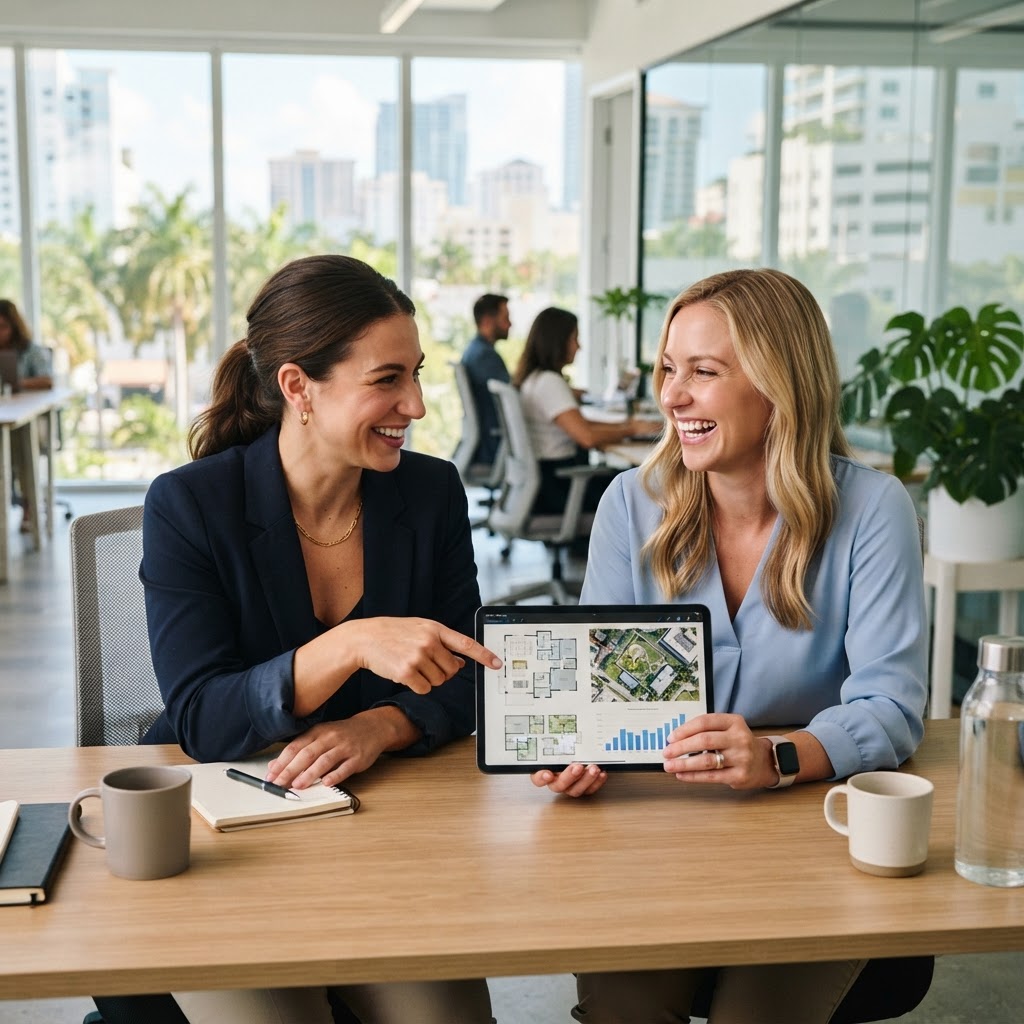 A real estate professional and a woman attorney reviewing information together on a tablet in a bright Florida office