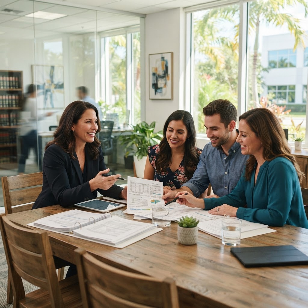 A woman attorney sitting at a table with a real estate agent and homeowners, explaining property-tax information in a bright modern Florida office