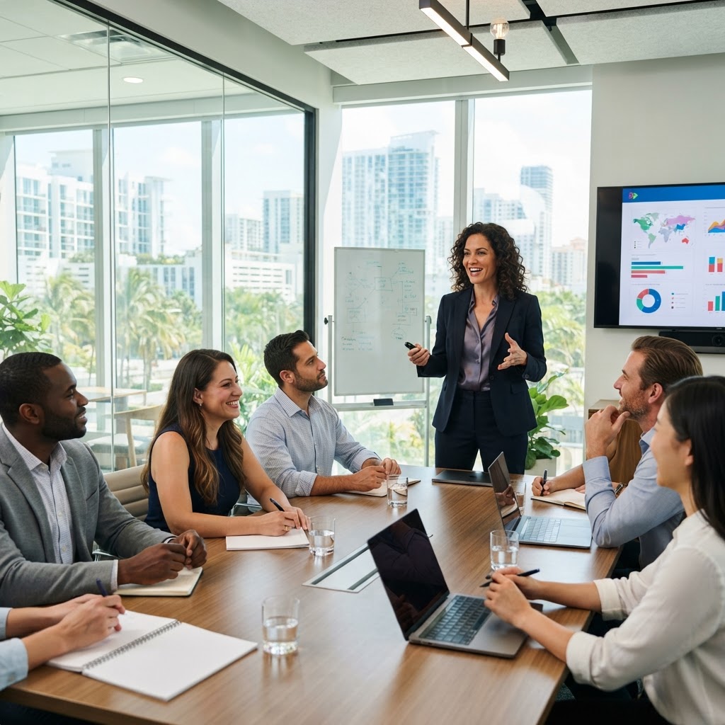 A professional woman attorney teaching a diverse group of real estate professionals in a modern Florida conference room