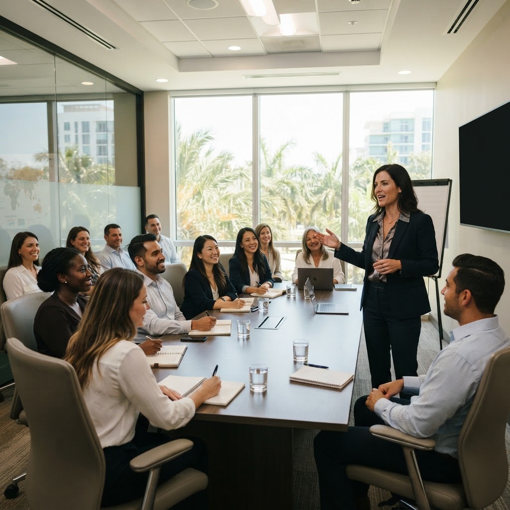 A professional woman attorney leading an educational property-tax presentation to a diverse group of real estate agents in a bright modern Florida conference room