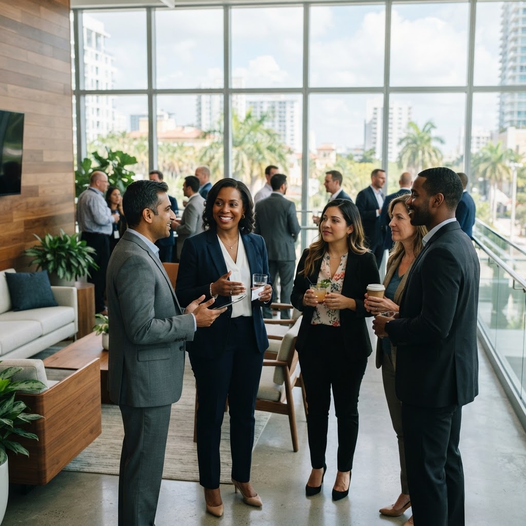 A professional woman attorney networking with a diverse group of real estate professionals in a polished Florida office environment