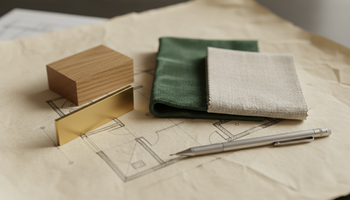 Design process materials — floor plan with fabric swatches and wood samples