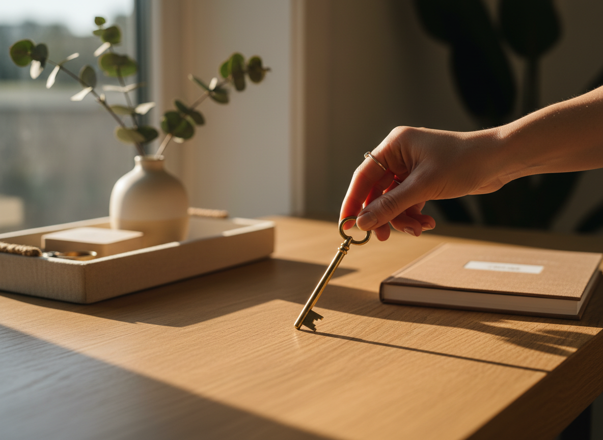 Polished brass key placed on oak console table — the final handoff moment
