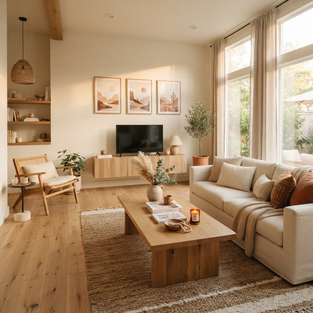 Beautifully staged short-term rental living room — always guest-ready with monthly supplies