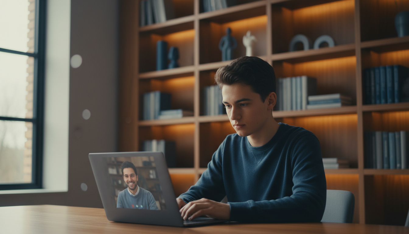 Student engaged in an online tutoring session in a modern study environment
