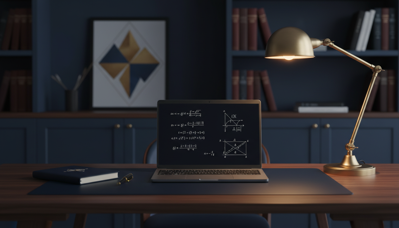 Elegant study desk with laptop and brass lamp