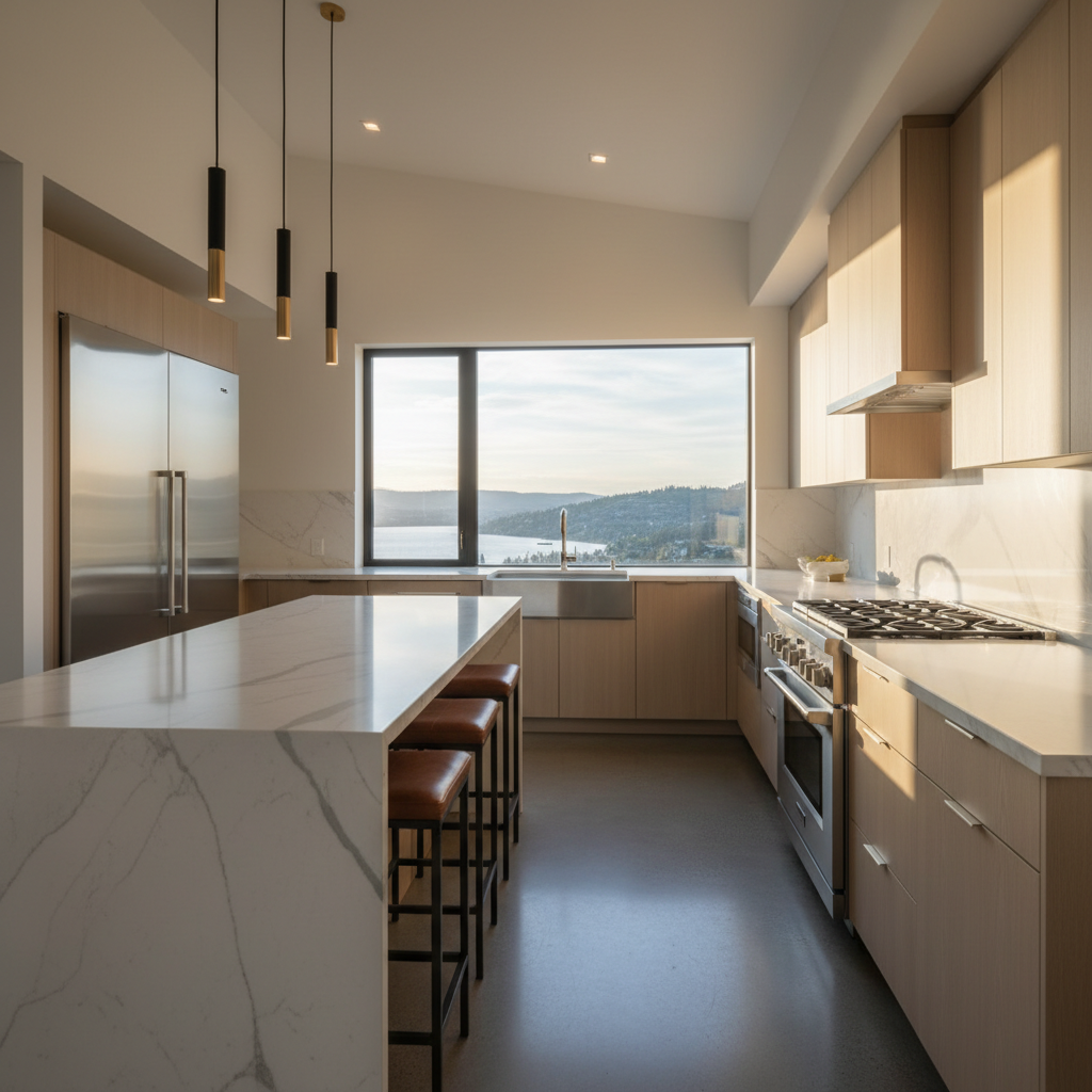 Sun-lit modern kitchen with marble countertops in a Kelowna condo