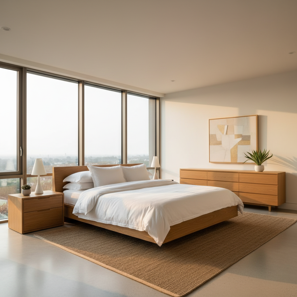 Sun-drenched bedroom with crisp white linens