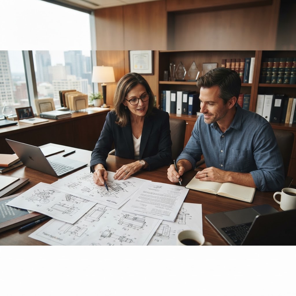 Patent attorney and inventor reviewing a filing