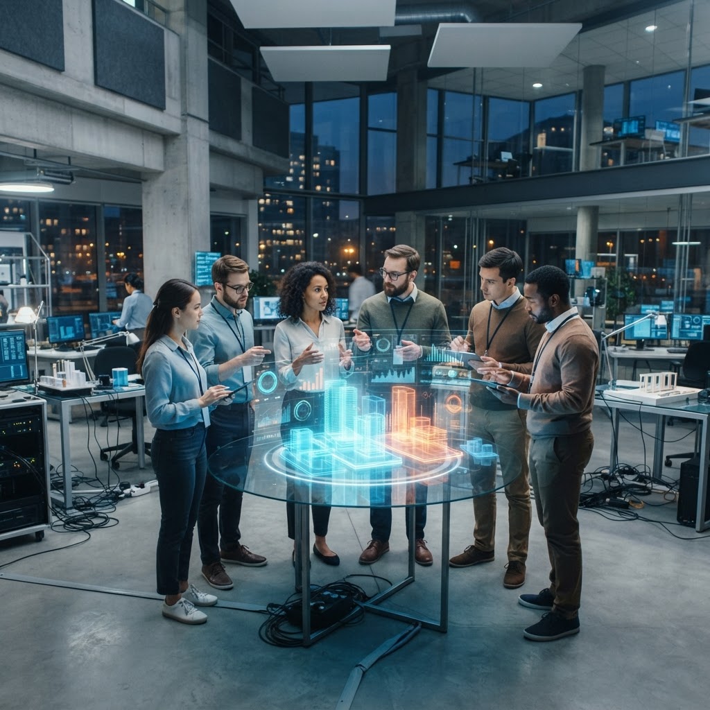 Team collaborating with innovation technology