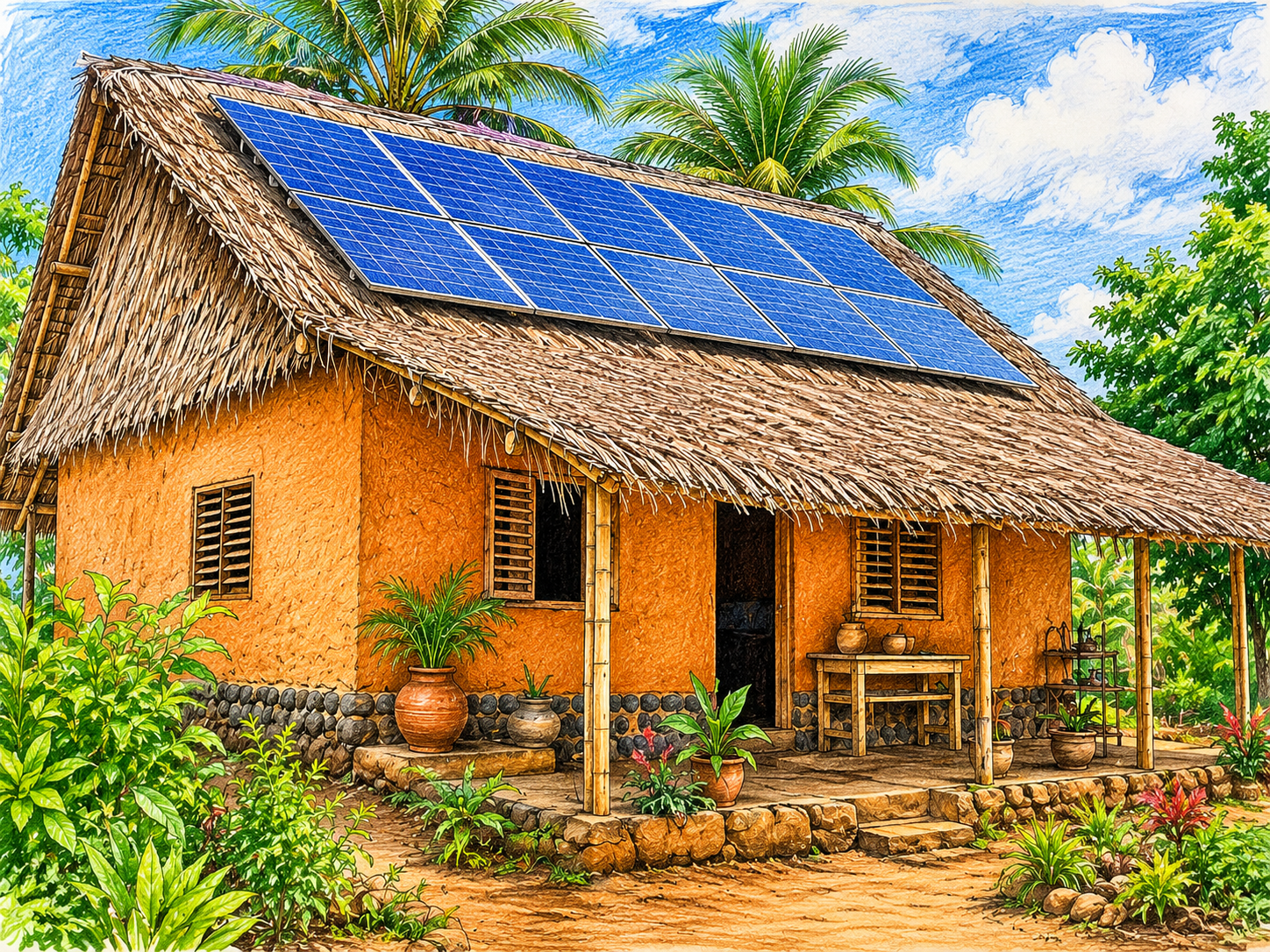 Banga solaire - Case traditionnelle avec panneaux solaires à Mayotte