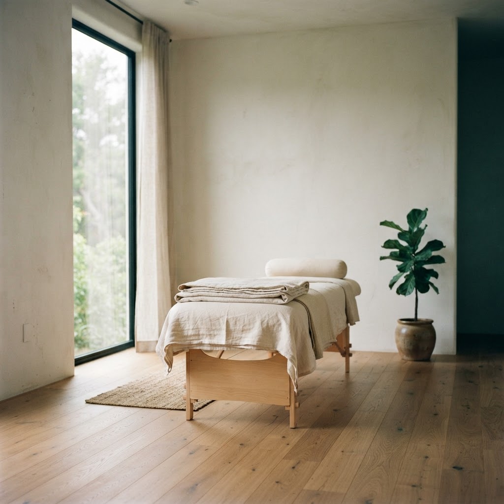 A quiet treatment room with folded linen on a low table, lit by a tall window.