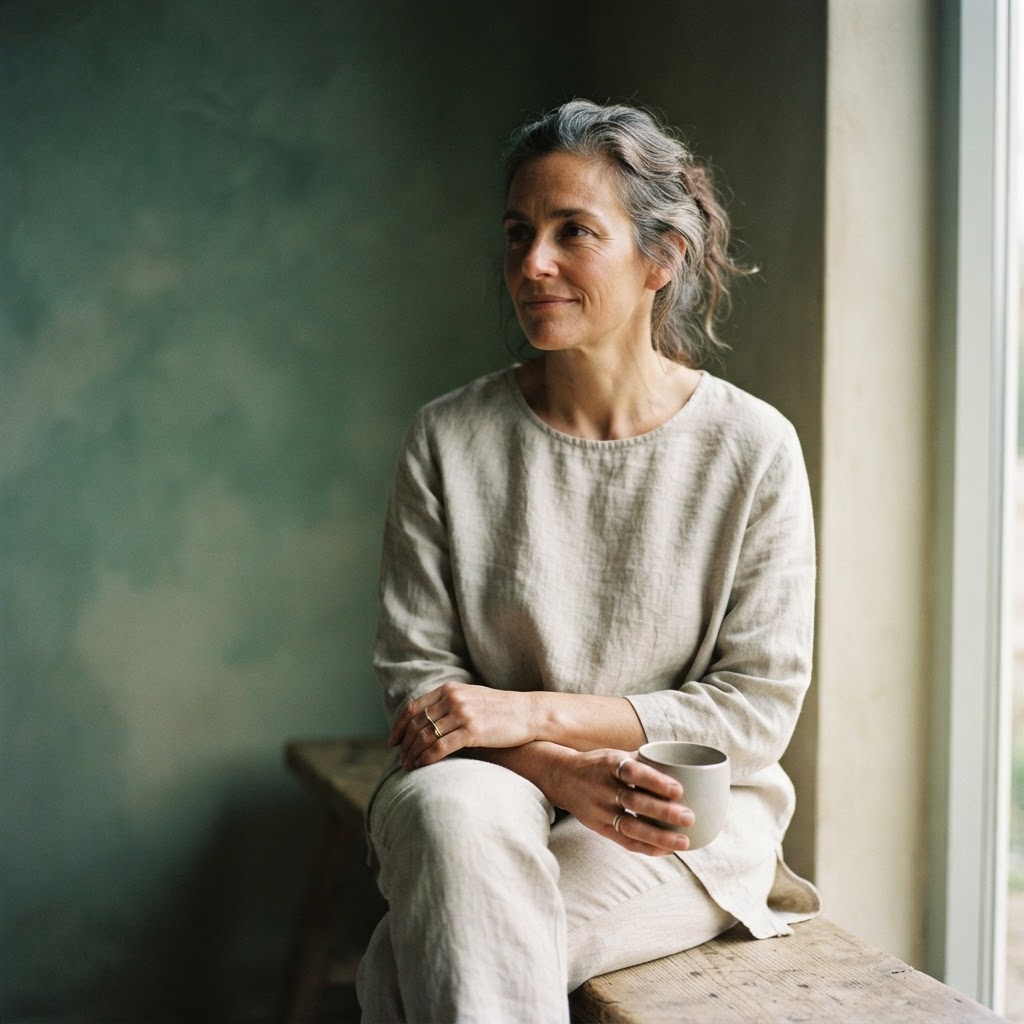 A wellness practitioner seated in natural light, looking thoughtfully away from the camera.