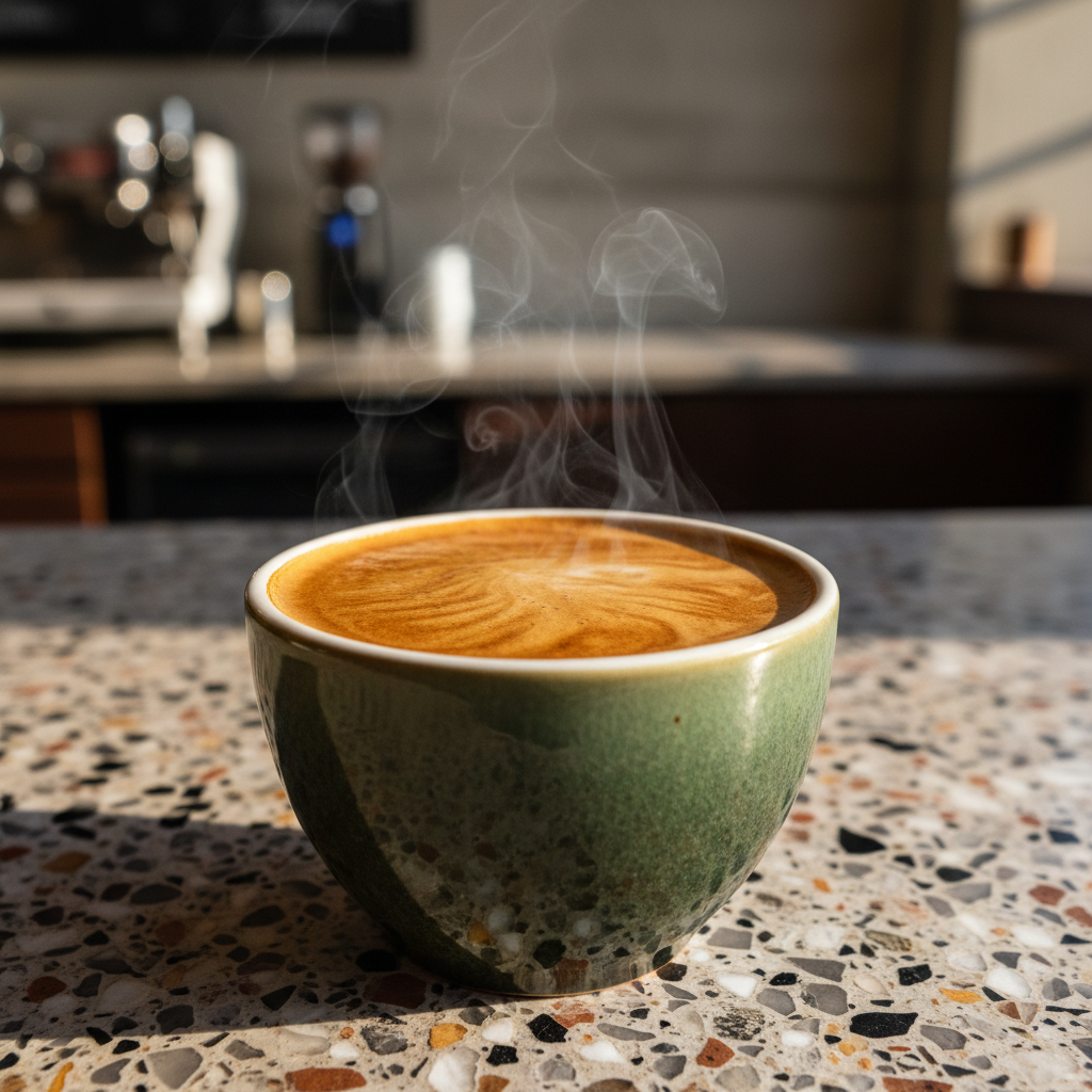 Close-up of perfectly pulled espresso on terrazzo countertop