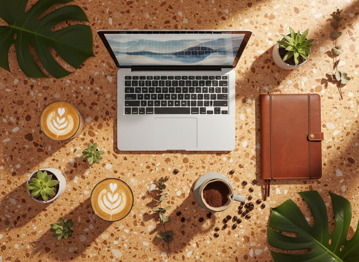 Overhead view of specialty coffee drinks and workspace on terrazzo surface
