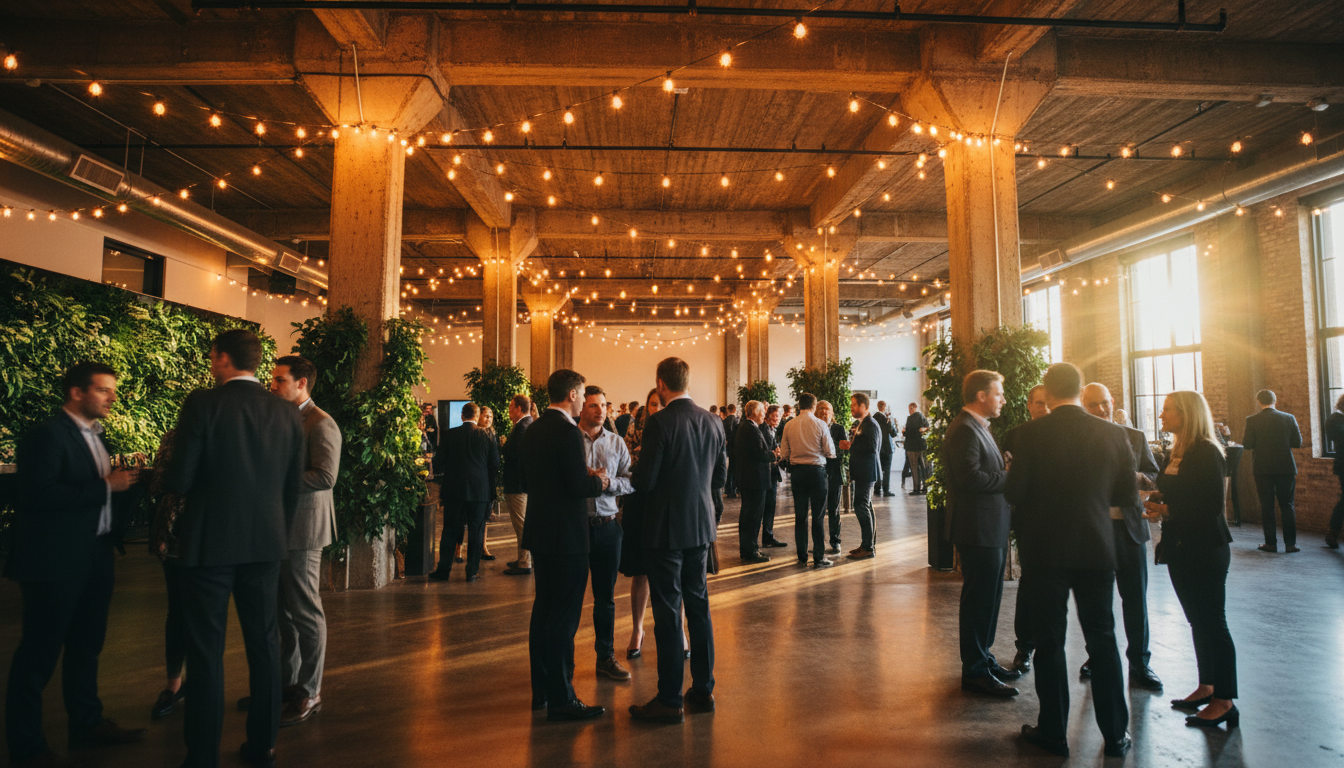 Networking event in industrial loft with warm amber lighting