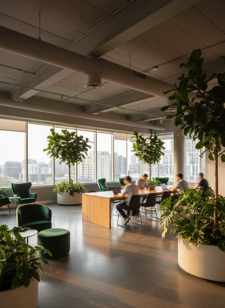 Sun-drenched coworking space with industrial beams and communal tables