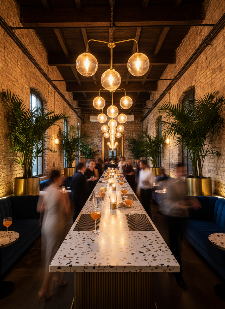 Vibrant evening social club with amber lights and cocktail bar